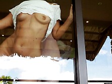 honeymoon pair enjoys fantasy hotel room with boobs crammed to window