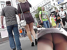 Delicious blonde with boyfriend in the public upskirt (fake)