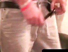 Inked middle aged guy cums on plate after jerking off