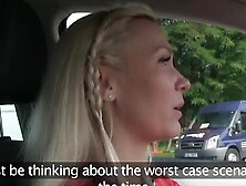 Perverted European blonde is eating some puss inside the car