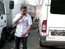 The aged lewd lady screws with the track drive in her car