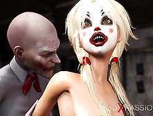 Hubby wearing a clown mask plays with a sexy fine blonde in the abandoned room