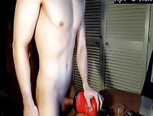 Athletic College Boy Thrusts His Homemade Toy Until He Cums Moaning With Pleasure