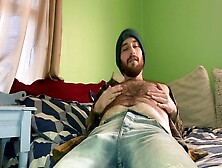 Bushy Lad Cums On Himself,  Drips It On His Beard And Hairy Torso