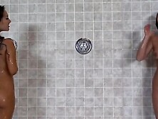 Gorgeous lesbian Asian cutie licking and dildoing her arousingly slutty busty friend in the showers