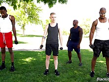 Skinny Pale Dude Gets His Mouth And Ass Fucked By Two Black Dudes