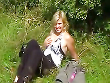 Chubby Blonde Toys Her Pussy And Gives Hand To A Guy Outdoors