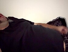 Fat stud masturbates to climax and cum in couch