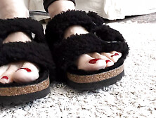 Toe Fetish - Toes Wiggling Black Fur Slippers Part 11