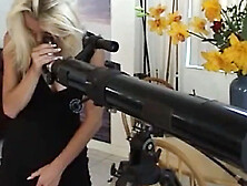 A curvy goddess playfully toys with his modest body