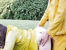 Fucking The Wifey Rough From Behind Wearing Rubber Raincoat And Latex Boots - Cummed