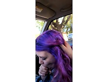 Slutty purple haired teen gets cum in mouth in car