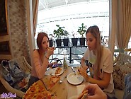 Light-haired babes playfully experiment with remote control vibrators in public locations