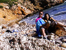 Beach banging with cute brunette hair woman