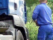 Voyeur Is Filming Truckers While They Are Pissing By The Road