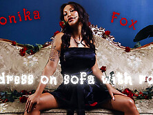 Beautiful Monika Fox in Black Dress on Sofa with Roses!