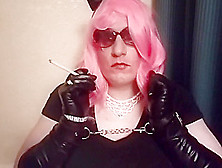 Sissy Mandy Bitch In Pink Smoking Vs120 In Cuffs And Gloves