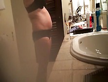 Big tits milf smoking and drinking in bathroom