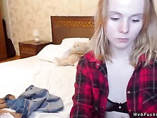 Blonde teen in see through bra on cam