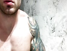 Inked Muscle Hunk Covering Himself In Soap While Masturbating Solo For The Camera