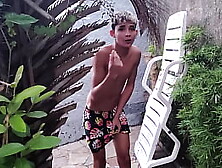 Stepmother seduces her STUDENT with her huge ass.  Little virgin jerk-off brother is spying on that public sex with 2 STUDENTS (s