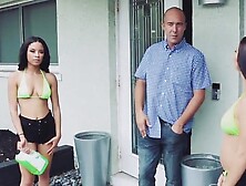 Three carwash babes are having foursome with a lucky man