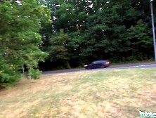 Outside Agent Cutie dark haired criminal is taken inside the woods