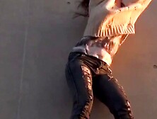 Restrained Asian babes peeing down pant legs