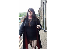 Crossdresser Walking On The Street In Rawtenstall,  Lancashire,  Uk