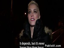 Short haired Euro blonde bangs in public