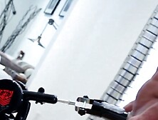 Masked jock Brad has his thick cock jerked with flashlight