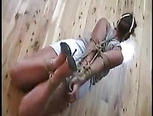 Busty stepmother hogtied on floor