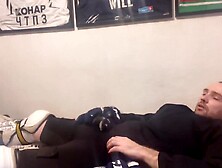 Amateur cum in full Hockey gear after training