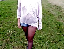 Amateur walks braless flash outside