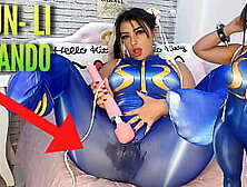 Sexy cosplay girl dressed as Chun Li from street fighter playing with her htachi vibrator cumming and soaking her panties and pa