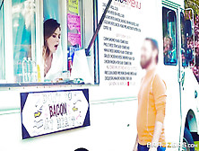 Shameless horny teen Alex Blake riding cock in hot dog stand