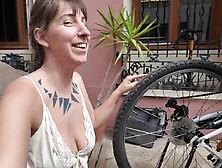 I fix Rea's bike and we bang on the stairs of the building