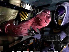 The charming slut couldn't resist and jerked off the mutant's humongous dick with her feet
