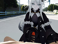 Lovely beautiful girl with cat ears sucked on the side of the road