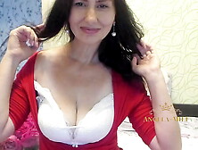 Horny MILF with a hairy vagina and a bouquet of flowers strips and opens her fucking holes for her fans on the couch Angela-MILF
