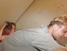 Old German redhead gets her hairy pussy fucked by two cocks