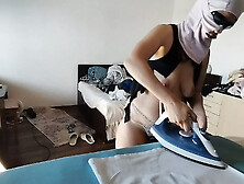 Sexy wife doing housework naked.  Brunette,  hairy pussy,  big ass,  big tits.  Sexy mom massages herself with a vibrator.