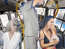 Wild freak hops on the bus and gets busy with nymphs in public!
