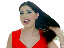 Long haired brunette teen pornstar Miranda Miller backstage