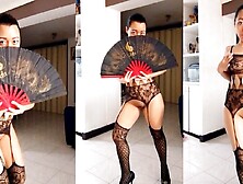 Asian in sexy lingerie does a dance,  masturbates her pussy and loves thick and long cock