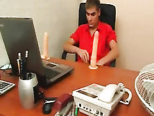 Brunette with big boobs Emilia enjoy fucking in the office with two fuckers