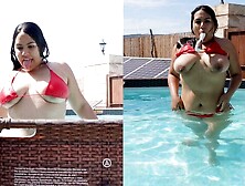 Cachonda Venezuelana con tetas gigantes mastrubando con dildo en su jardín privado más un baño frío