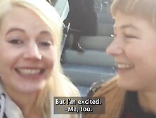 Blonde and MILF are making out and fingering in the train