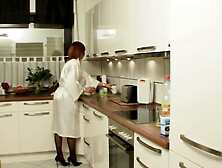 Milf in red lingerie doggystyle on the kitchen counter