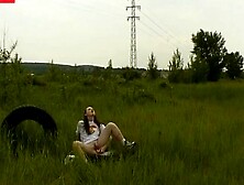 Busty Country Cutie Shocks with Hairy Pussy Stretching around Large Dildo